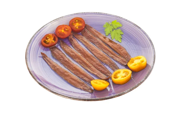 Placa de anchoas saladas aisladas . — Foto de Stock