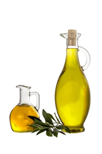 Oliwa z oliwek extra virgin w dwóch szklanych butelkach w stylu rustykalnym — Zdjęcie stockowe