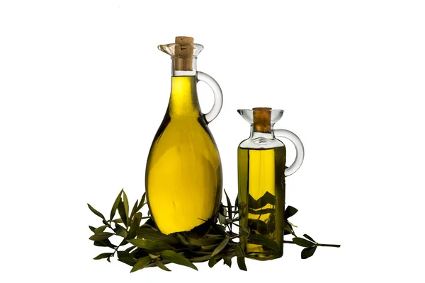 Extra Virgin olive oil in two glass rustic  bottles — Stock Photo, Image