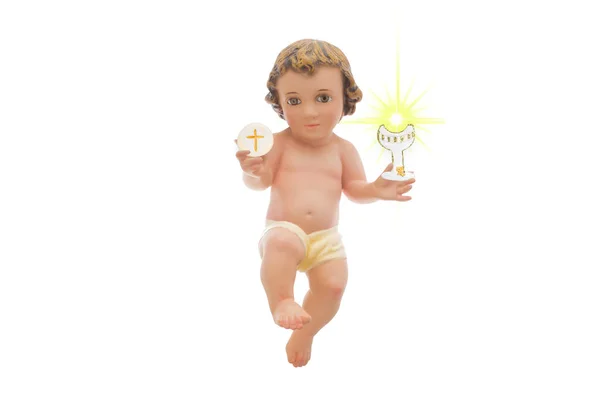 Baby Jezus, eerste heilige communie, witte achtergrond. — Stockfoto