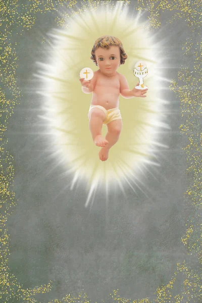 Baby Jezus, eerste heilige communie achtergrond. Verticale. — Stockfoto