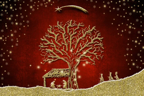 Рождественская сцена и открытки с тремя мудрецами — стоковое фото