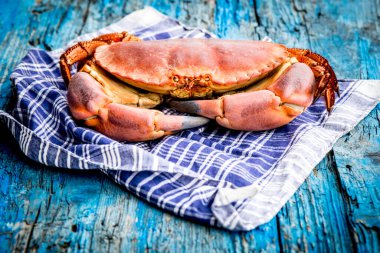 Büyük ve kapalı bir deniz öküzü pişirdim. Kırsal mavi ahşap bir masada ekose bir masa örtüsü üzerinde.