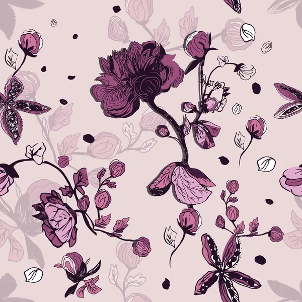 Seamless Abstract Floral Pattern Hand Drawn Flowers Light Purple Background — 图库矢量图片