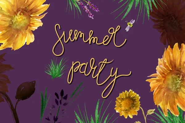 Hand Drawn Lavenders Sunflowers Purple Background Watercolor Text Area — Stock Photo, Image