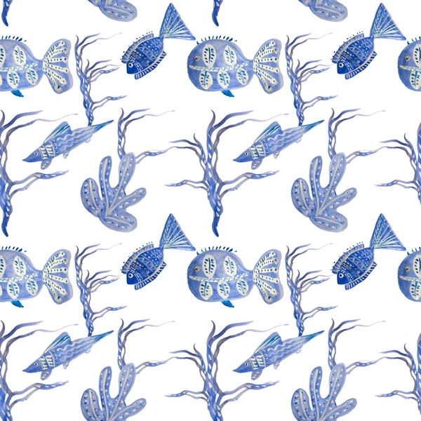 Elle çizilmiş mavi balıklarla kusursuz bir desen.