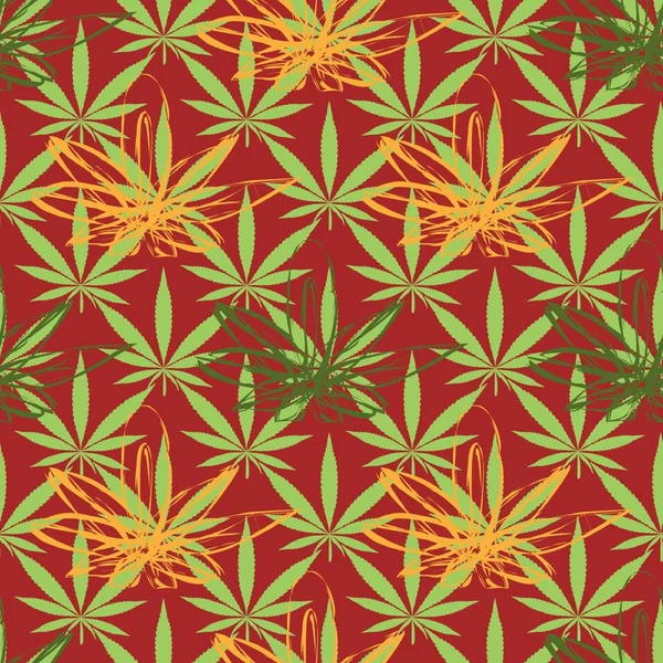 赤い背景のTシャツのテキスタイルパターンのためのシームレスな大麻パターンの葉ベクトルイラスト — ストックベクタ