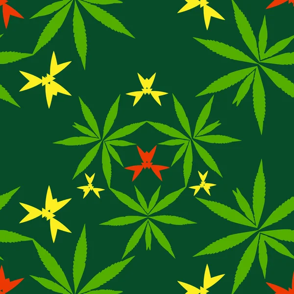 Ornement Feuilles Cannabis Sans Couture Sur Fond Vert Foncé — Image vectorielle