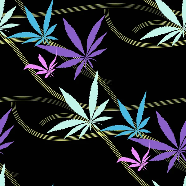 Modèle Cannabis Feuilles Sans Couture Nature Sur Fond Noir Impression — Image vectorielle