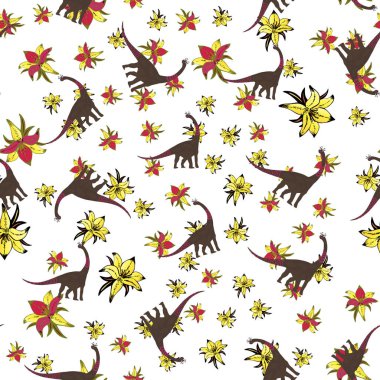 Düz tarzı diplodocus ve çiçekler, beyaz bir arka plan üzerinde Dikişsiz desen Dinozorlar, giysi baskı ve çocuk şeyler herhangi bir tasarım için