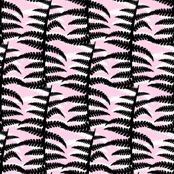 Black and white contour of fern on a pink background seamless patterns — Stock Vector
