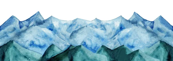 hand-painted watercolor panorama of mountains with green hills art illustration