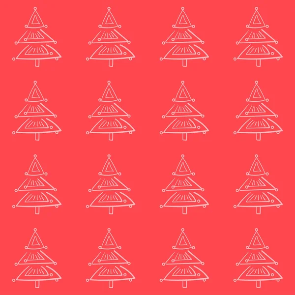 Dibujado a mano doodle estilo patrón de vectores sin costuras, silueta blanca del árbol de Navidad sobre fondo rojo festivo — Vector de stock