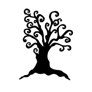 Cadılar bayramı için örümcek ağları olan bir fantezi ağacının siyah silüeti izole edilmiş.