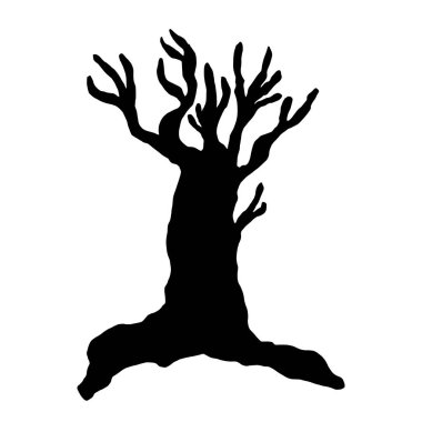 Beyaz arka planda kuru dalları olan eski bir ağacın siyah silueti.