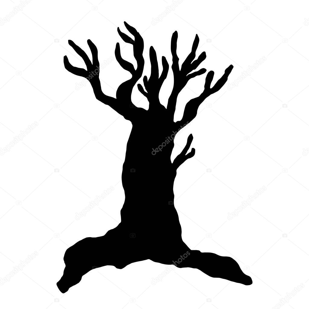black silhouette of an old tree isolated on a white background,, with dry branches