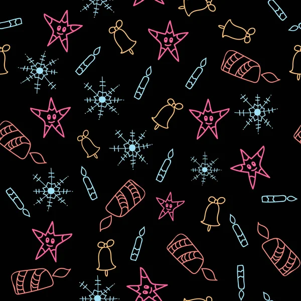 Jul sömlösa mönster av snöflingor, stjärnor, ljus, kontur ritningar på en svart bakgrund, elegant festlig — Stock vektor
