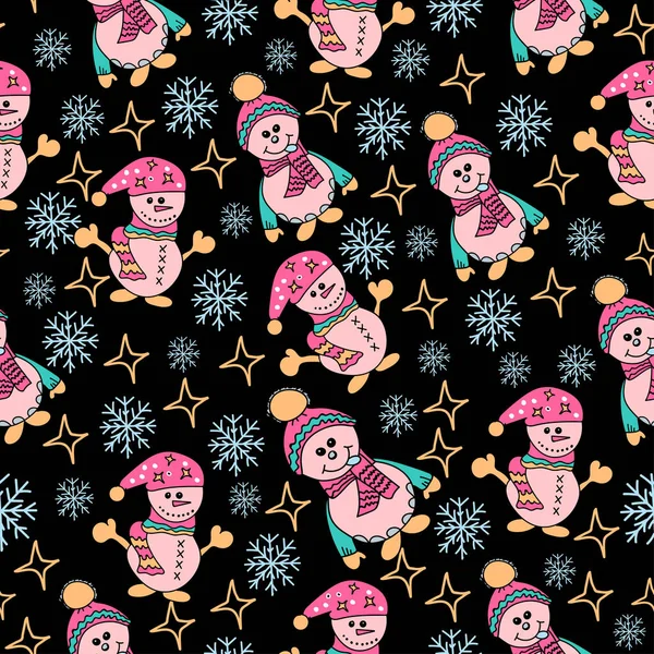 Jul sömlös vektor mönster rosa snögubbar i hattar och halsdukar, på en svart stjärnhimmel — Stock vektor