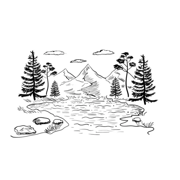 Montagne lago e foresta vista disegnato a mano vettoriale illustrazione, schizzo della natura alpina — Vettoriale Stock