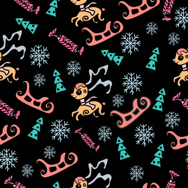 Jul rådjur, sömlös mönster med vinterelement, släde, snöflingor, på en svart bakgrund, snygg design för förpackning — Stock vektor