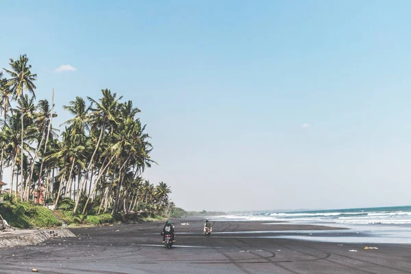 Paysage de plage de sable noir avec de beaux palmiers. Bali île . — Photo