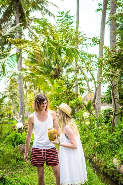 Jeune couple de lune de miel marchant parmi les rizières. Beau voyage de néwleds à Bali, Indonésie. Nature, été, vert, lumineux . — Photo