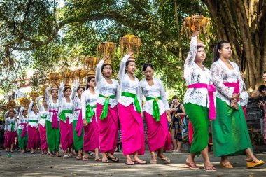 Bali, Endonezya - 25 Eylül 2018: Balili kadın ünlü Tirta Empul Tapınağı büyük bir törenle üzerinde geleneksel giysiler içinde.