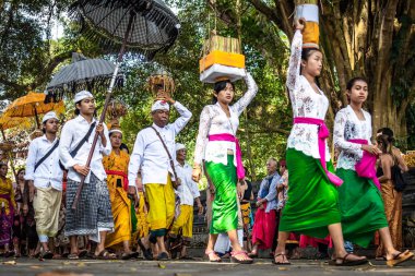Bali, Endonezya - 25 Eylül 2018: Balili kadın ünlü Tirta Empul Tapınağı büyük bir törenle üzerinde geleneksel giysiler içinde.