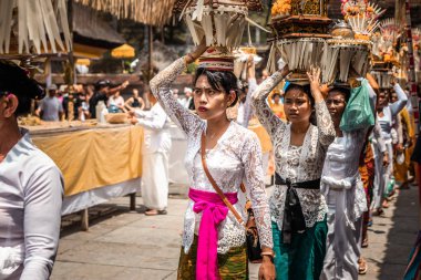 Bali, Endonezya - 25 Eylül 2018: Balili kadın ünlü Tirta Empul Tapınağı büyük bir törenle üzerinde geleneksel giysiler içinde.
