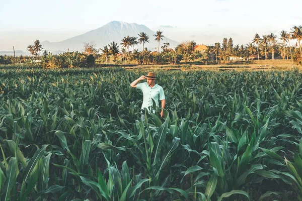 Joven turista viajero en un sombrero de paja sobre un fondo de volcán al atardecer. La isla de Bali. Países Bajos . — Foto de Stock