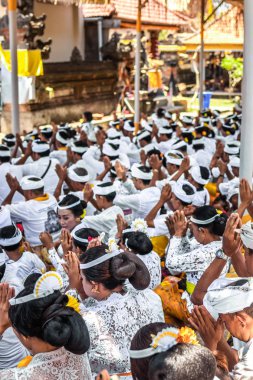 Bali, Endonezya - 9 Ekim 2018: Ubud, Pejeng büyük bir törenle üzerinde dua Bali insanlar.