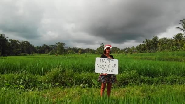 Feliz Año Nuevo 2019. 4K vuelo drone video de mujer joven con sombrero de santa y pizarra blanca con texto escrito a mano posando entre el campo de arroz verde en la isla de Bali . — Vídeos de Stock