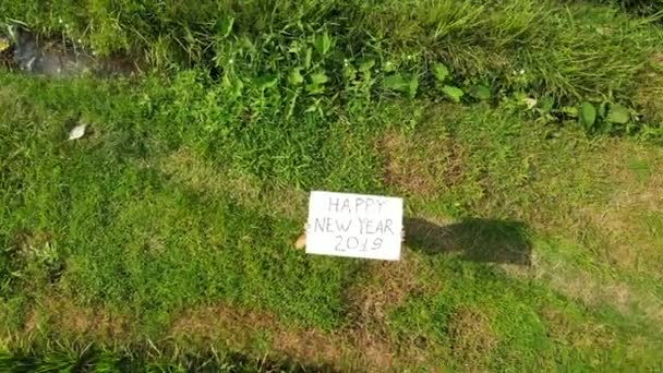 Happy New Year 2019. 4K flying drone video of young woman with santa hat and whiteboard with handwritten text posing among green rice field on Bali island. — Stock Video