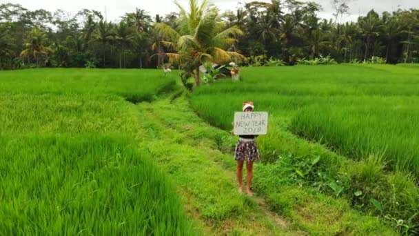 Boldog új évet 2019. 4k repülő drone videó a fiatal nő, santa kalap és a faliújság, a kézzel írott szöveg jelentő között zöld rizs mező Bali szigetén. — Stock videók