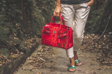 Lüks yılan derisi python çanta tropikal ormanda kadınla. Bali Adası.