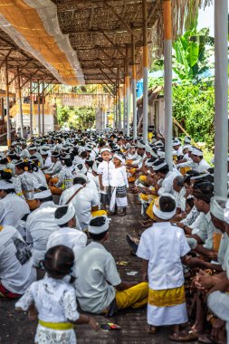 Bali, Endonezya - 9 Ekim 2018: Bali çocuk kültür töreni, Ubud üzerinde geleneksel giysiler içinde.