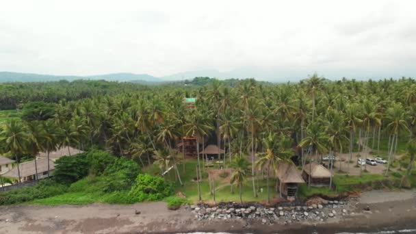 Bali, Indonésie - 29 prosince 2018: Letecký pohled na tropické pláži s černým pískem. — Stock video