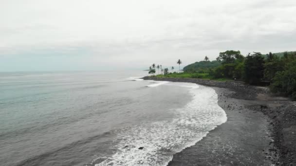 Letecký pohled na tropické pláži s černým pískem. Ostrov Bali, Indonésie. — Stock video