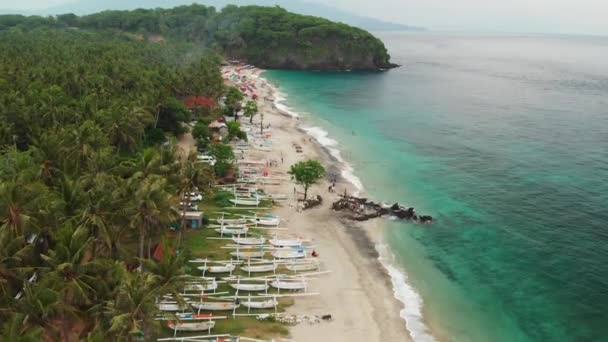 Bali, Endonezya - 29 Aralık 2018: tropikal bakire plaj, Bali Adası üzerinde uçan hava görünümünü. Asya. — Stok video