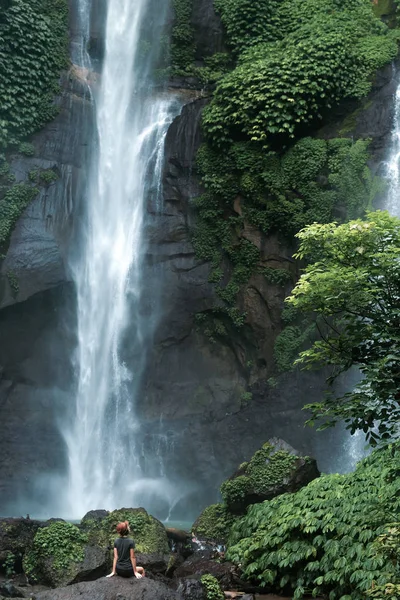 Young woman posing on a great Sekumpul waterfall in the deep rainforest of Bali island, Indonesia. — стокове фото