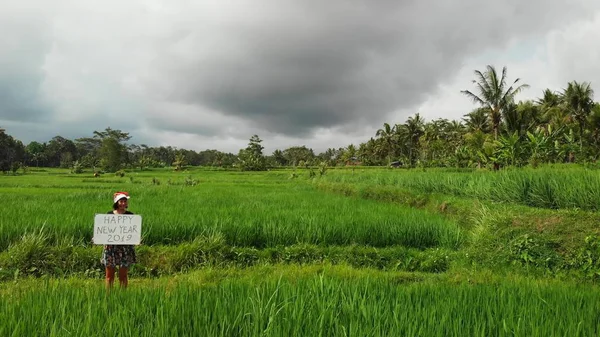 С Новым 2019 годом. 4К летающего дрона видео молодой женщины в шляпе Санты и доске с рукописным текстом, позирующим среди зеленого рисового поля на острове Бали . — стоковое фото