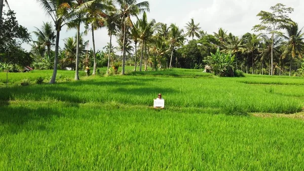 Jeune femme à l'extérieur avec tableau blanc et mot d'écriture tropicale sur elle. Des images de drones volants. Fond tropical vert brillant. Beau concept de voyage tropical. Bali île . — Photo