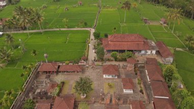 Bali dili Tapınağı pirinç tarlaları arasında hava fotoğrafı. Üstten görünüm. Bali tropikal ada. Güzel Tapınağı.
