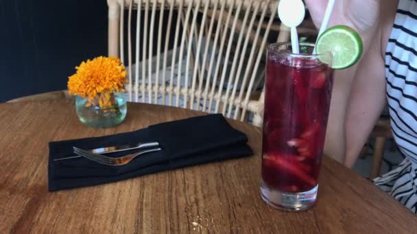 Mujer joven bebiendo un cóctel rojo en el restaurante de la isla de Bali, Indonesia. Imágenes 4K . — Vídeos de Stock