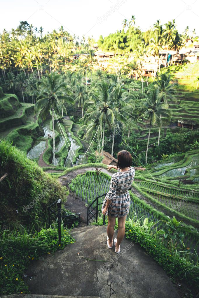 Young woman walking on rice field Tegalalang, Ubud, tropical island of Bali, Indonesia.