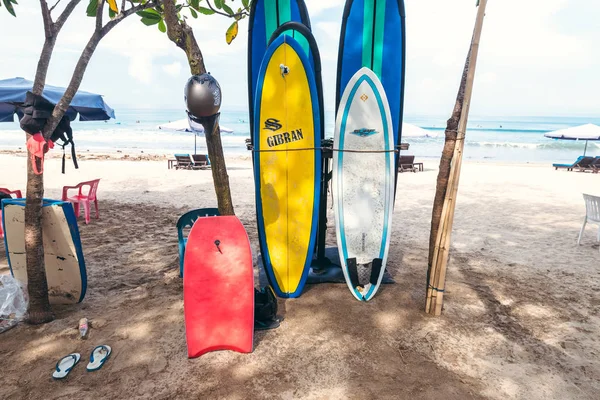 BALI, INDONÉSIE - 19 FÉVRIER 2019 : Planches de surf sur la plage tropicale de l'île de Bali. Indonésie . — Photo