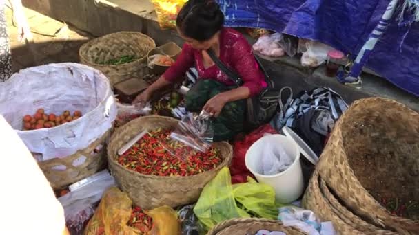 BALI, INDONESIA - 21 DE FEBRERO DE 2019: Mujer vendiendo verduras en un mercado ecológico local . — Vídeo de stock
