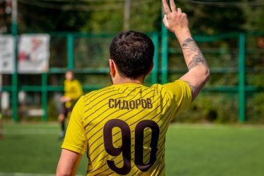 Moskova, Rusya - 24 Ağustos 2019: Oyunda futbolcular. Moskova Amatör Ligi.