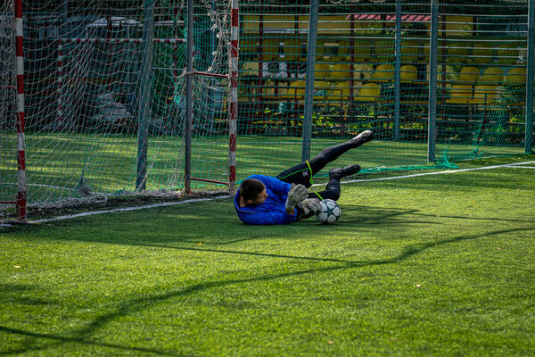 MOSCOW, RUSSIA - AUGUST 24, 2019: Soccer players in game. Amateur league in Moscow.