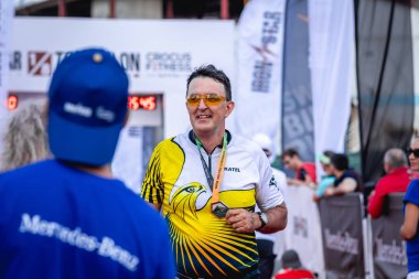 MOSCOW, RUSSIA - 25 Ağustos 2019: Ironstar Crocus Fitness Triatlon 2019 'un bitiş çizgisi.